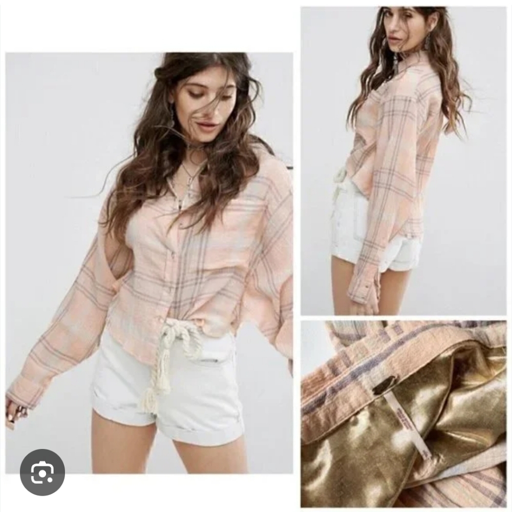 Free People Peach Plaid Cropped Top